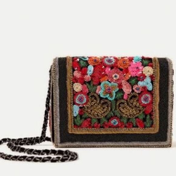 Zara Swans Embroidered Beaded/Sequin Shoulder Bag with Chain Strap Black Multi - Picture 1 of 12